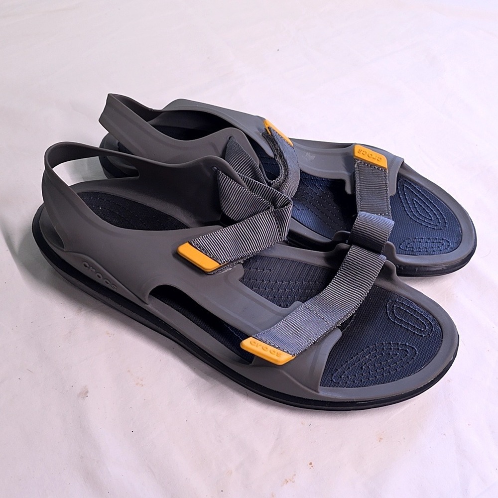 Crocs Swiftwater Expedition Men 12 Grey Black Yellow Adjustable Strap Sandals